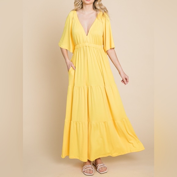 NEW Culture Code Yellow Backless Plunge Neck Half Sleeve Tiered Maxi Dress - Picture 2 of 4